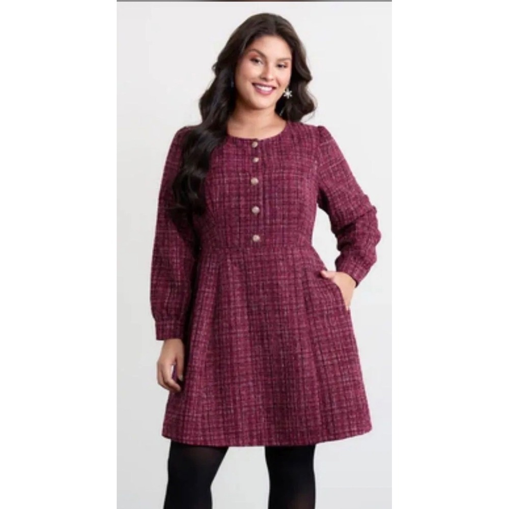 BloomChic Women Plus Size Burgundy Tweed Fit and Flare Mini Dress Size 22-24